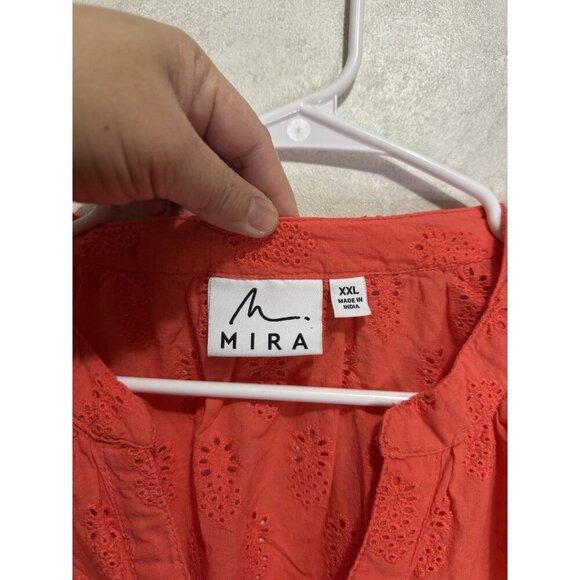 MIRA Orange Red Pineapple Eyelet Blouse Top VNeck Popover Spring Casual 2XL - Picture 5 of 8